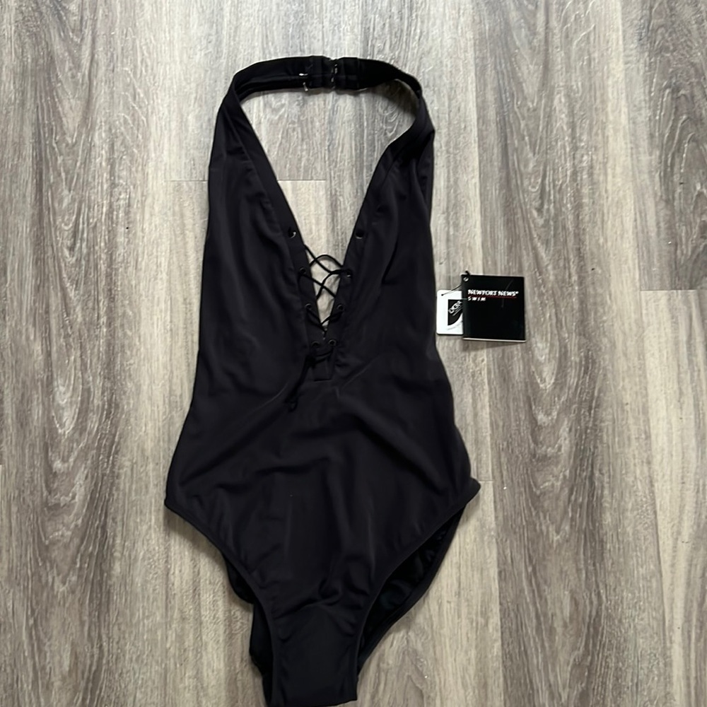 Newport News Black Halter Swimsuit 12 Criss Cross front One Piece Swim